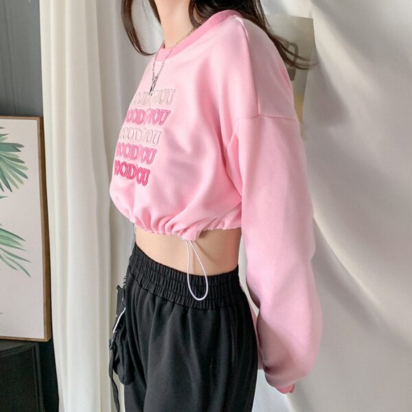 New Letters Embroidery Drawstring O Neck Sweatshirt - Image 3