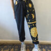 Raised Waist Sun Moon Printed Straight Trousers Casual Jeans