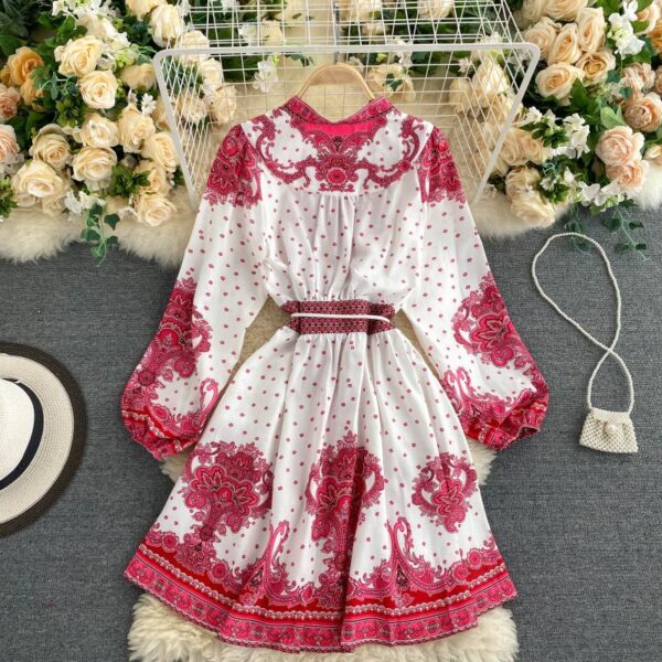 Casual Fashion Vintage  V Neck Long Sleeve  Streetwear Flower Dress - Image 2