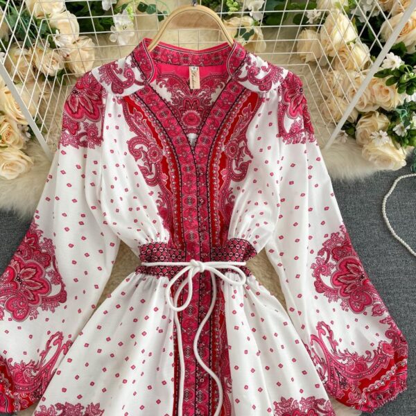 Casual Fashion Vintage  V Neck Long Sleeve  Streetwear Flower Dress - Image 3