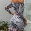 Printed Drawstring Off Shoulder Bodycon Dress - Image 2