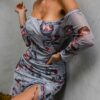 Printed Drawstring Off Shoulder Bodycon Dress