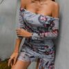 Printed Drawstring Off Shoulder Bodycon Dress - Image 4