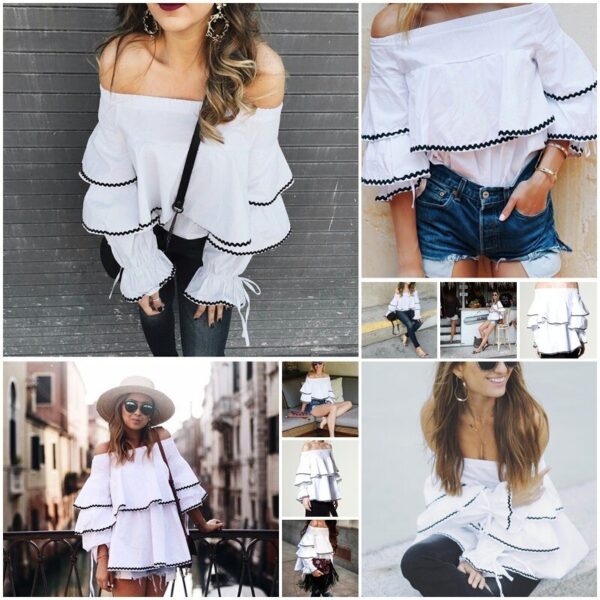 Casual Long Sleeve Ruffle Elastic Cool Shoulder Tops