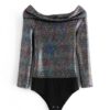 New Sequined Patchwork Long Sleeve Bodysuit