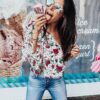 Sexy Flare Sleeve One Shoulder  Floral Print Chiffon Blouse Tops