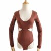 Sexy Hollow Out Solid Long Sleeve Bodysuit - Image 4