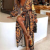 Long Sleeves Printed V-Neck Slit Long Boho Maxi Dresses - Image 3