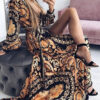 Long Sleeves Printed V-Neck Slit Long Boho Maxi Dresses