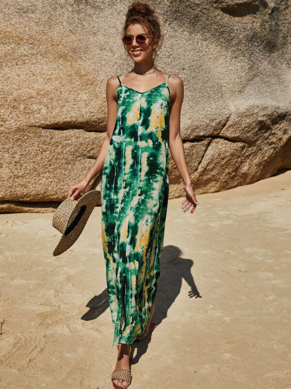 Printed Sleeveless Pattern V-Neck Polyester Long Maxi Dress