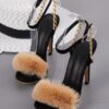 Fashion Chain Faux Fur Heeled Sandals - Image 3