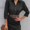 Fashion Buttons Polyester Long Sleeves Stretch V-Neck Midi Dress