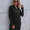 Fashion Buttons Polyester Long Sleeves Stretch V-Neck Midi Dress - Image 4