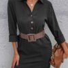 Fashion Buttons Polyester Long Sleeves Stretch V-Neck Midi Dress - Image 5