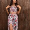 Floral Print Off The Shoulder Cropped Top With Split Dress