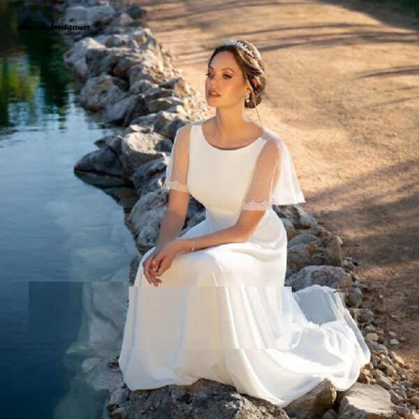 Puffy Chiffon A Line Beach Wedding Gown with Short Sleeves