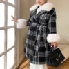 Classic Retro Long Houndstooth Tweed Wool Jacket