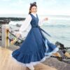 New Long Maxi Denim Dress With Belt Patchwork Plaid