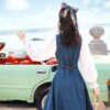 New Long Maxi Denim Dress With Belt Patchwork Plaid - Image 2