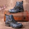 Retro Rendering Leather Splicing Round Toe Chunky Heels
