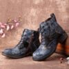 Retro Rendering Leather Splicing Round Toe Chunky Heels - Image 5