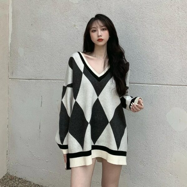V-Neck Long Sleeve Mid-Length Sweater - Image 2