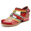 Ethnic Style Stitching Embossed Beading Floral Chunky Heel Pumps