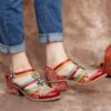 Ethnic Style Stitching Embossed Beading Floral Chunky Heel Pumps - Image 3