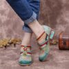 Ethnic Style Stitching Embossed Beading Floral Chunky Heel Pumps - Image 4