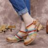 Ethnic Style Stitching Embossed Beading Floral Chunky Heel Pumps - Image 8