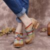 Ethnic Style Stitching Embossed Beading Floral Chunky Heel Pumps - Image 7