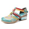 Ethnic Style Stitching Embossed Beading Floral Chunky Heel Pumps - Image 6