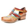 Ethnic Style Stitching Embossed Beading Floral Chunky Heel Pumps - Image 9