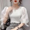 Puff sleeve bow knitting patchwork blouse - Image 2