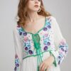 Elegant Floral Embroidery V Neck Long Sleeve Beach Dress - Image 3