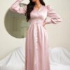 Elegant V Neck Buttons Long Sleeve Maxi Dress - Image 2
