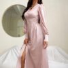 Elegant V Neck Buttons Long Sleeve Maxi Dress - Image 3