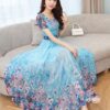 Round Collar Short Sleeve Flower Printed Chiffon Dress
