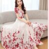 Round Collar Short Sleeve Flower Printed Chiffon Dress - Image 4