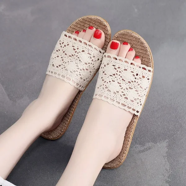 Casual Stripe Straw Weave Belt Linen Flax Flip Flops Slippers - Image 5
