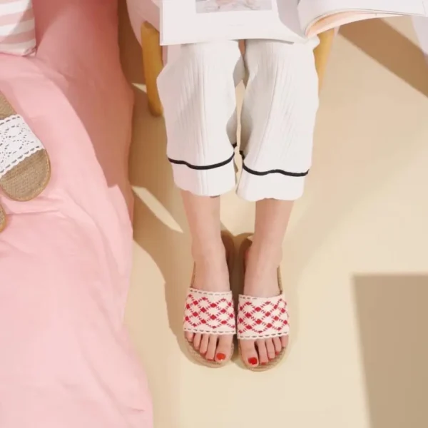 Casual Stripe Straw Weave Belt Linen Flax Flip Flops Slippers - Image 2