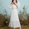 Crochet Lace Hollow Open Back Tie V-neck Puff Sleeve Dress - Image 4