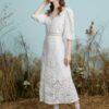 Crochet Lace Hollow Open Back Tie V-neck Puff Sleeve Dress - Image 5