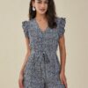 Floral Print Ruffle Knotted V-neck Romper