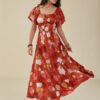 Flower Print Puff Sleeve Belt Square Collar Swing Dress