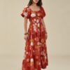 Flower Print Puff Sleeve Belt Square Collar Swing Dress - Image 3