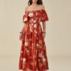 Flower Print Puff Sleeve Belt Square Collar Swing Dress - Image 5