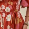 Flower Print Puff Sleeve Belt Square Collar Swing Dress - Image 7