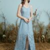Solid Adjustable Strap Open Back Button Slit Maxi Lace Dress - Image 2