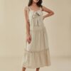 Solid Bow Tie Backless Strap Ruffle Trim Midi Dress